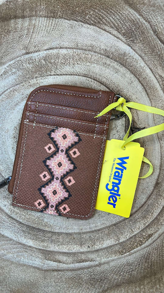 DARK BROWN WRANGLER SOUTHWESTERN PRINT MINI ZIP CARD CASE