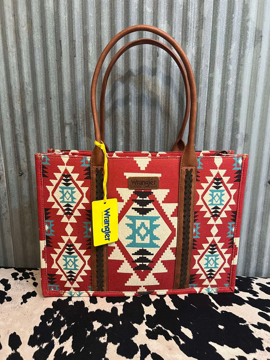 BURGUNDY WRANGLER SOUTHWESTERN PATTERN DUAL SIDED PRINT CANVAS WIDE TOTE