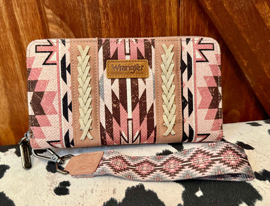 DARK PINK WRANGLER ART PRINT WALLET WRISTLET