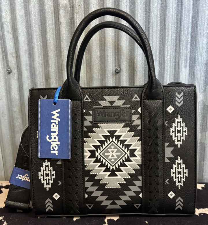 BLACK LEATHER WRANGLER AZTEC CROSSBODY TOTE