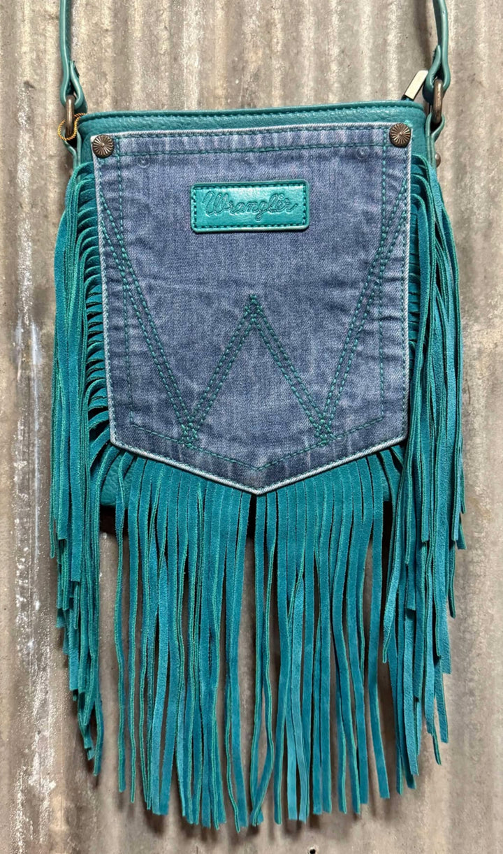 TEAL WRANGLER FRINGE DENIM POCKET CROSSBODY