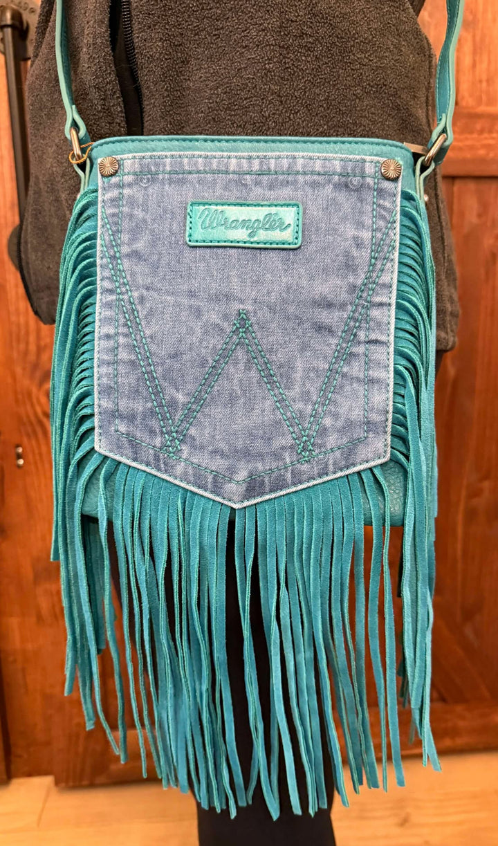 TEAL WRANGLER FRINGE DENIM POCKET CROSSBODY