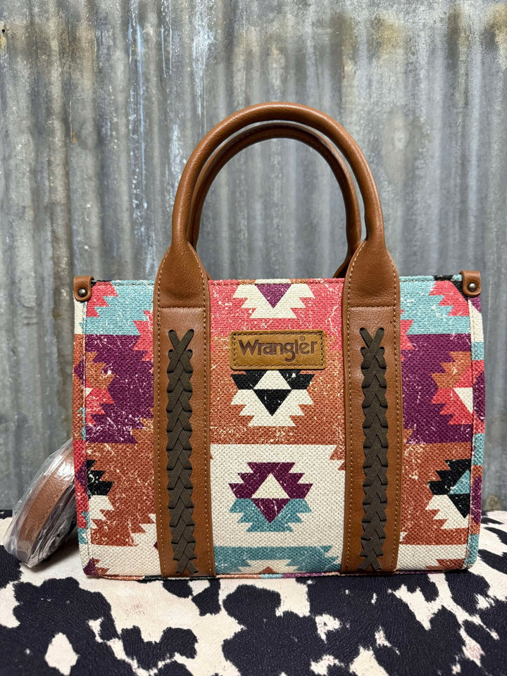 BROWN TRI COLOR WRANGLER AZTEC CANVAS CROSSBODY TOTE