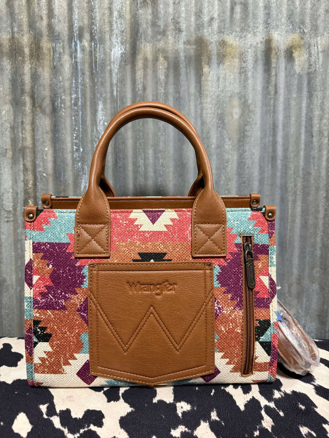 BROWN TRI COLOR WRANGLER AZTEC CANVAS CROSSBODY TOTE
