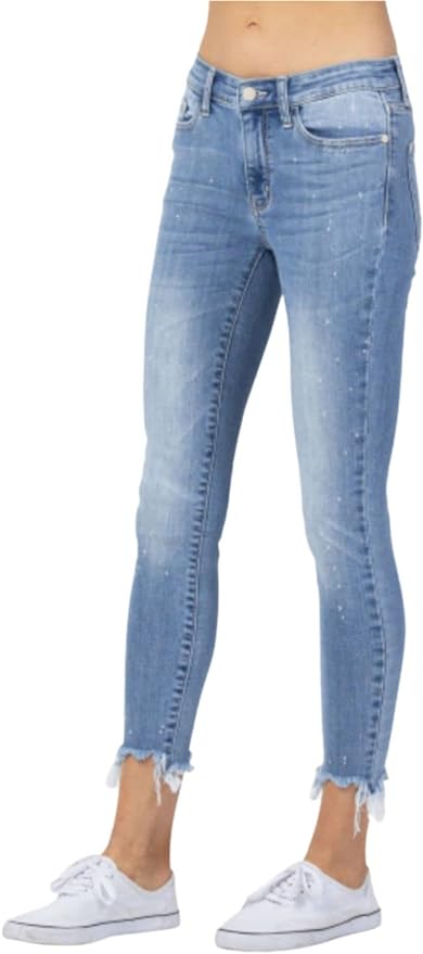 20% OFF JUDY BLUE MID-RISE BLEACH SPLASH SHARK BITE SKINNY