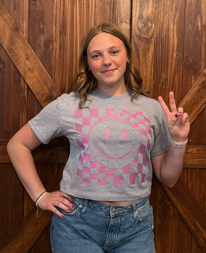 PURPLE RETRO SMILEY FACE GRAPHIC CROP TOP