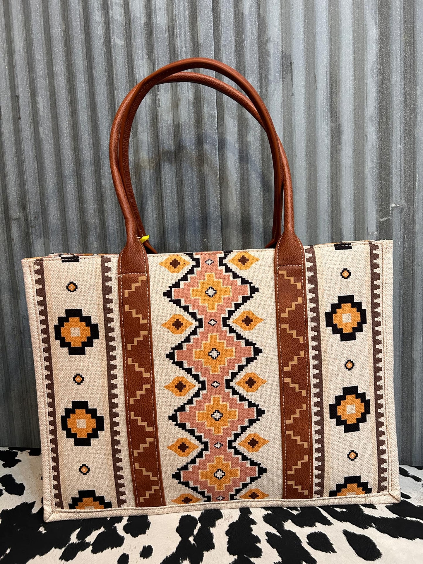 Ivory Wrangler Southwestern Pattern Dual Sided Print Canvas Wide Tote