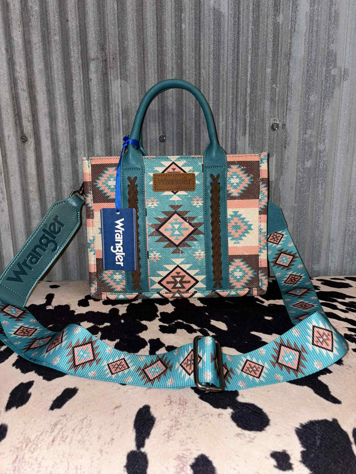 TURQUOISE AZTEC WRANGLER CANVAS CROSSBODY TOTE