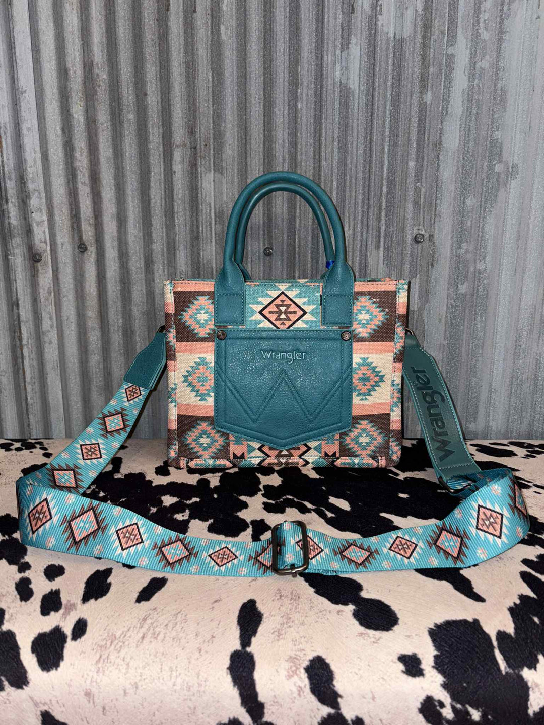 TURQUOISE AZTEC WRANGLER CANVAS CROSSBODY TOTE
