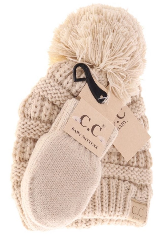 BABY C.C POM BEANIE & MITTENS SET