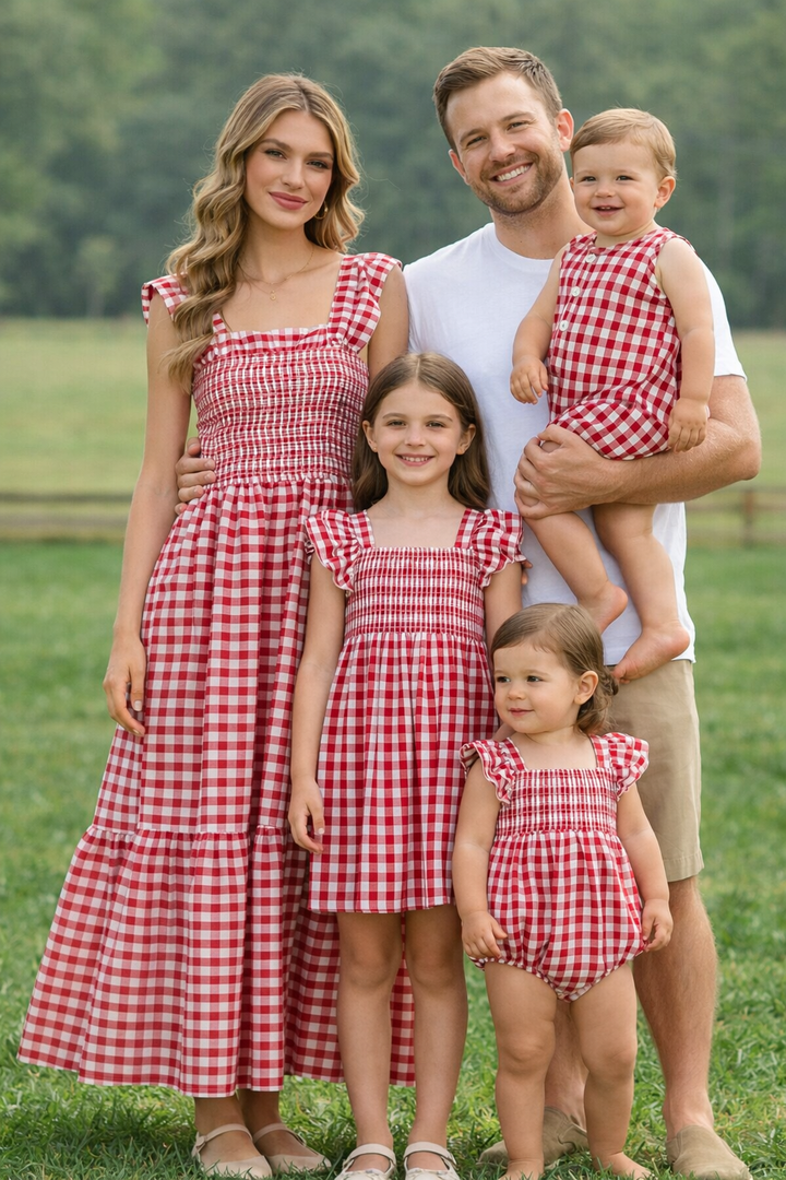 Summer Plaid Smocked Ruffle Boys Romper Sibling Outfits