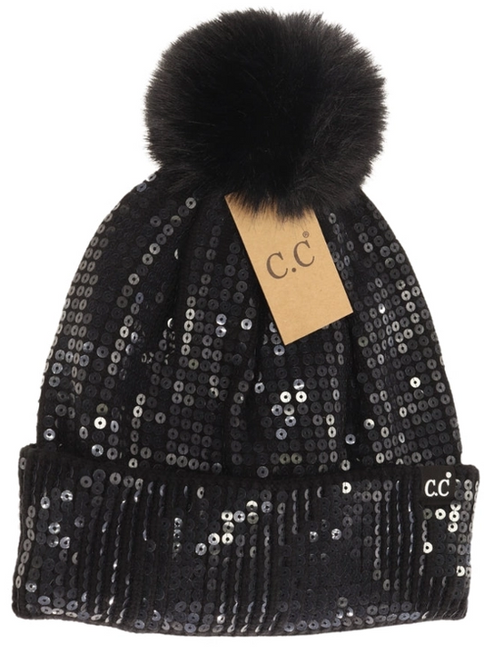 CLEAR SEQUIN FUR POM C.C BEANIE