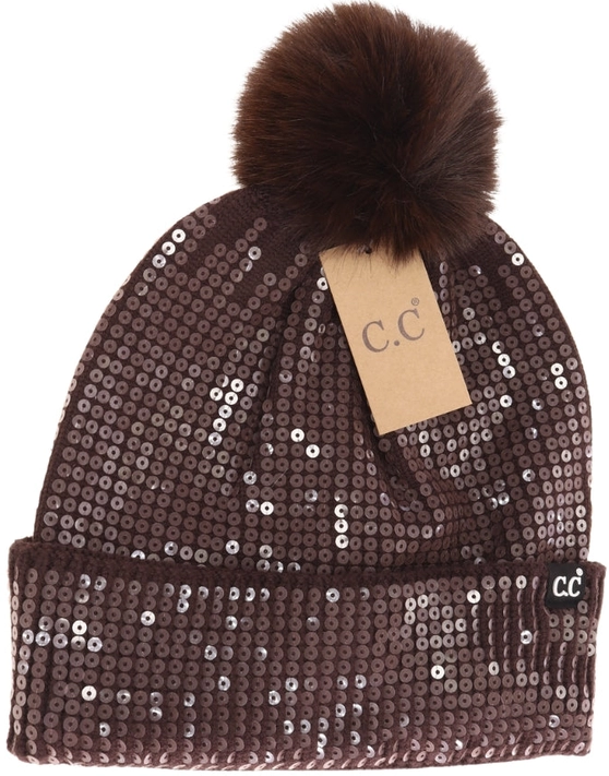 CLEAR SEQUIN FUR POM C.C BEANIE