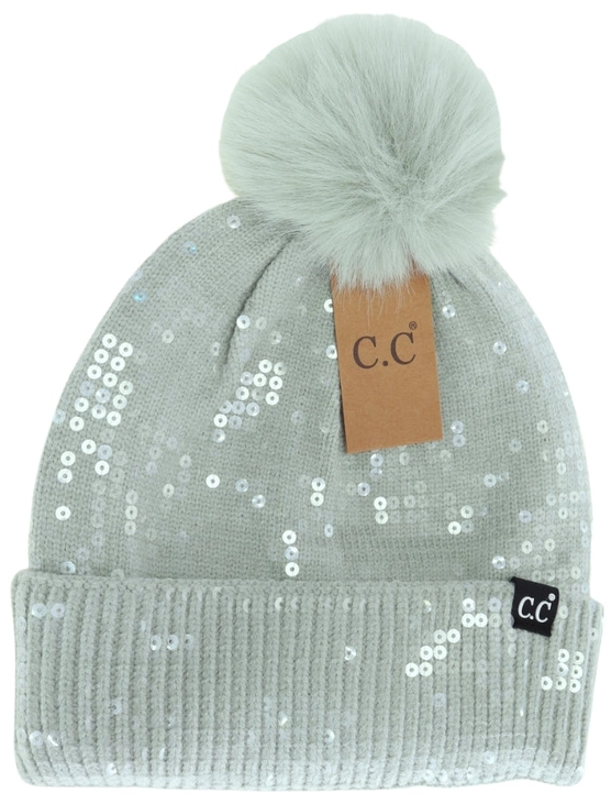 CLEAR SEQUIN FUR POM C.C BEANIE