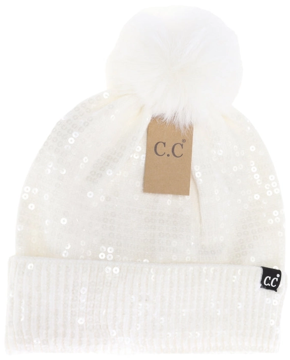 CLEAR SEQUIN FUR POM C.C BEANIE