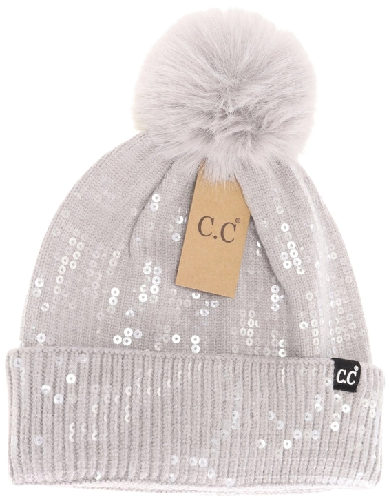 CLEAR SEQUIN FUR POM C.C BEANIE