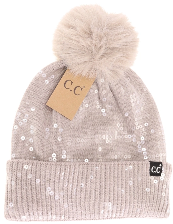 CLEAR SEQUIN FUR POM C.C BEANIE