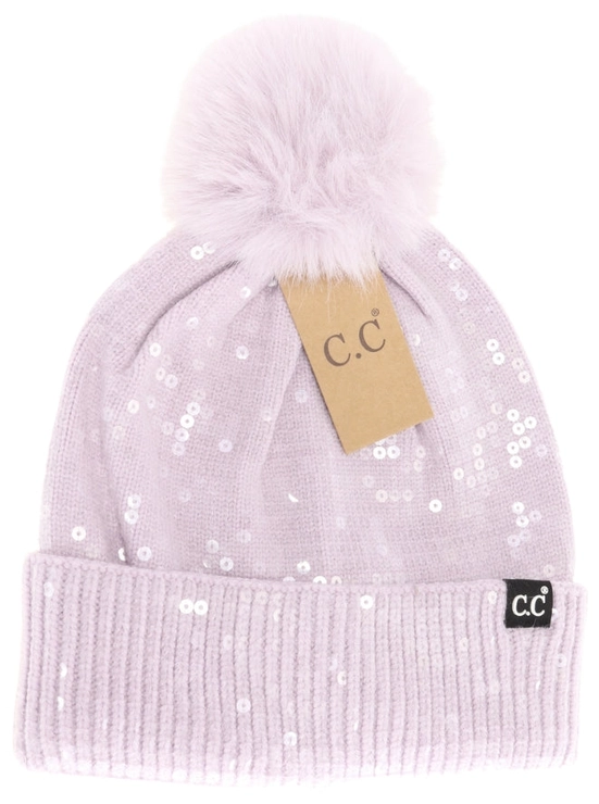 CLEAR SEQUIN FUR POM C.C BEANIE