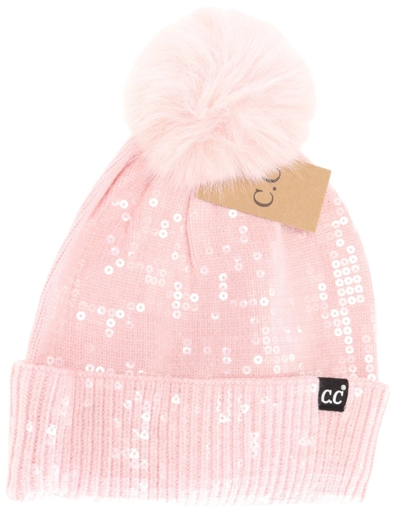 CLEAR SEQUIN FUR POM C.C BEANIE