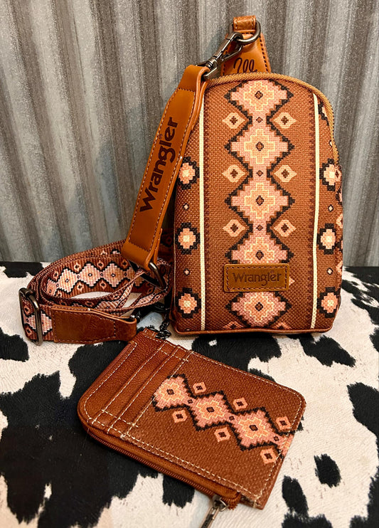 Dark Brown Wrangler Aztec Crossbody Chest Bag Set