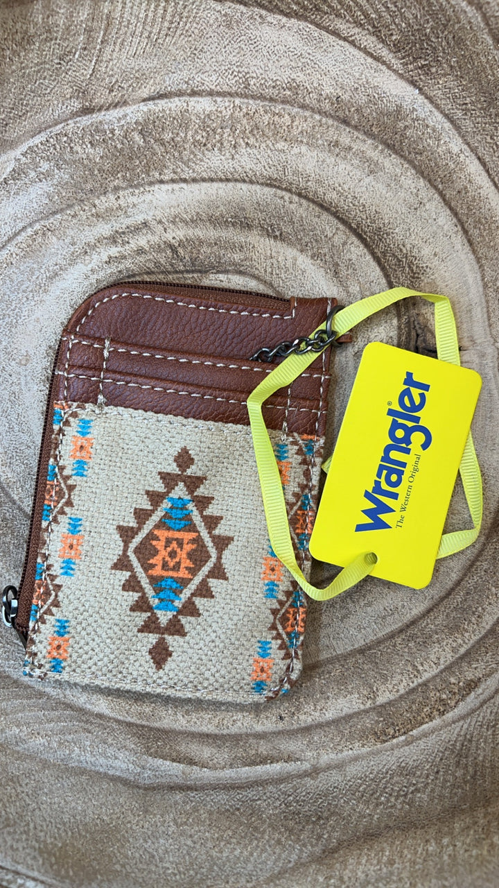 TAN WRANGLER SOUTHWESTERN PRINT MINI ZIP CARD CASE
