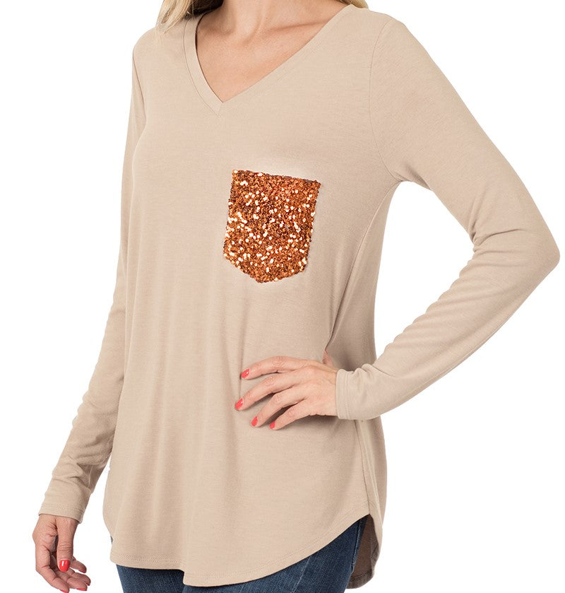 SPARKLE POCKET V-NECK LONG SLEEVE TOP