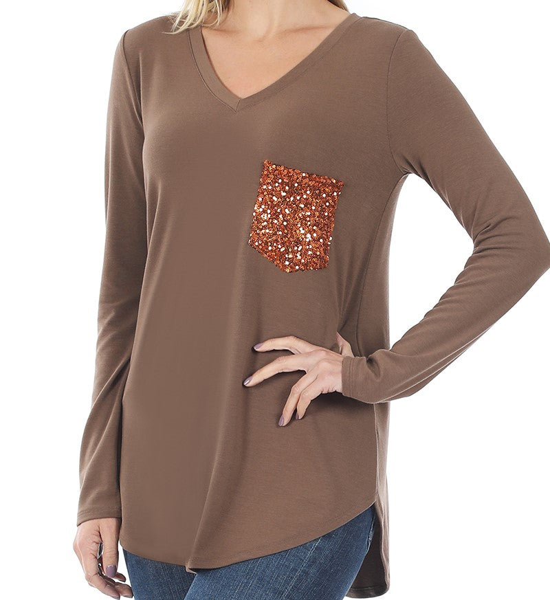 Sparkle Pocket V-Neck Long Sleeve Top