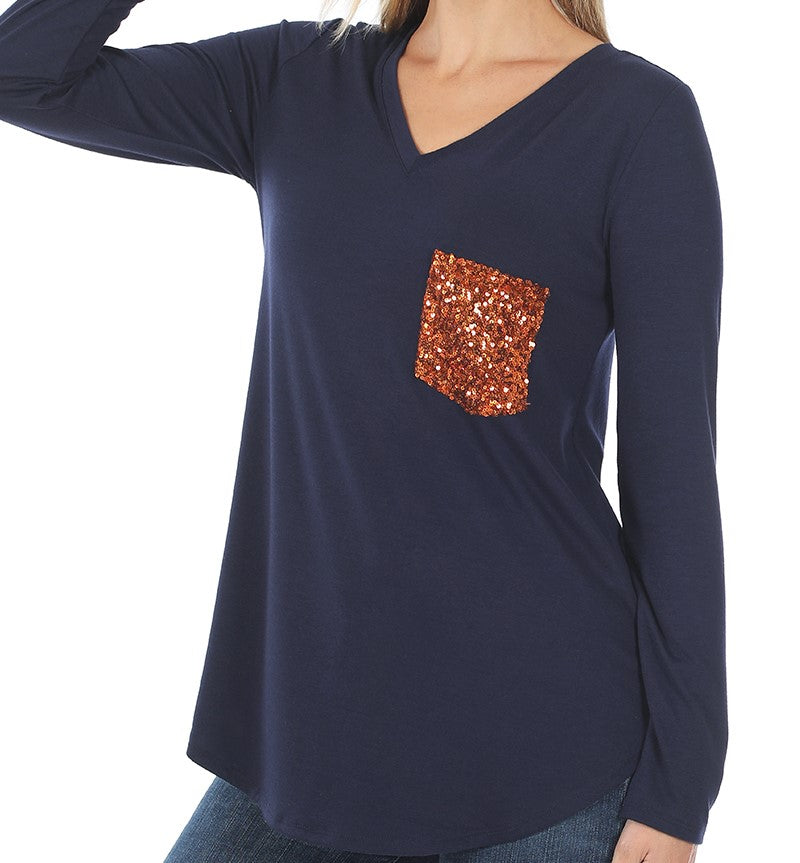 SPARKLE POCKET V-NECK LONG SLEEVE TOP