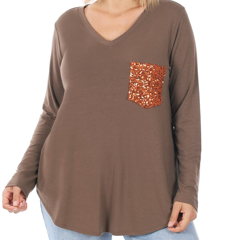 SPARKLE POCKET V-NECK LONG SLEEVE TOP