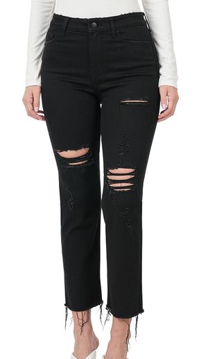 ZENANA DISTRESSED CROPPED BLACK JEANS