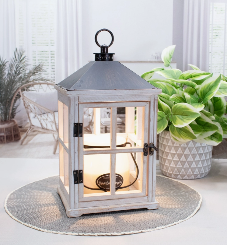 WEATHERED WHITE WOODEN LANTERN CANDLE WARMER