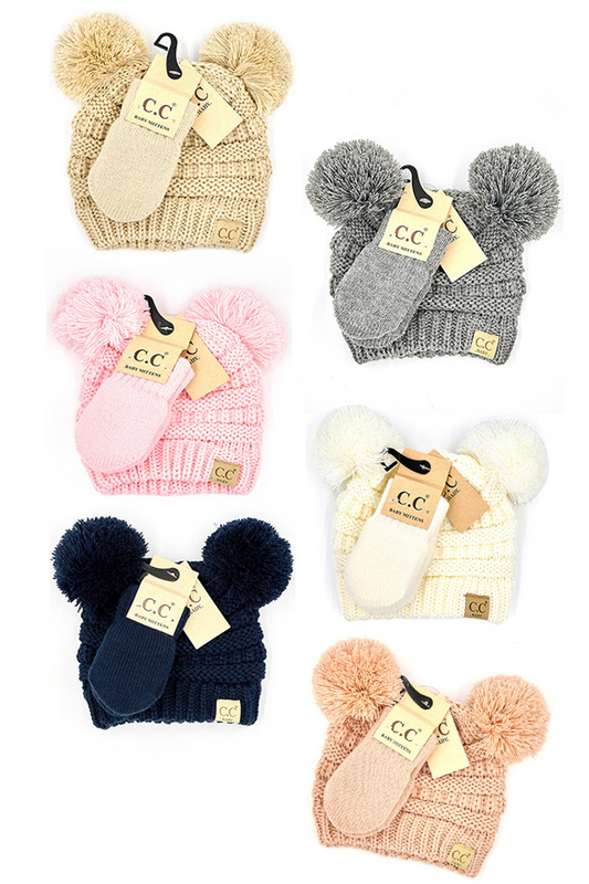 BABY DOUBLE POM C.C BEANIE & MITTENS SET