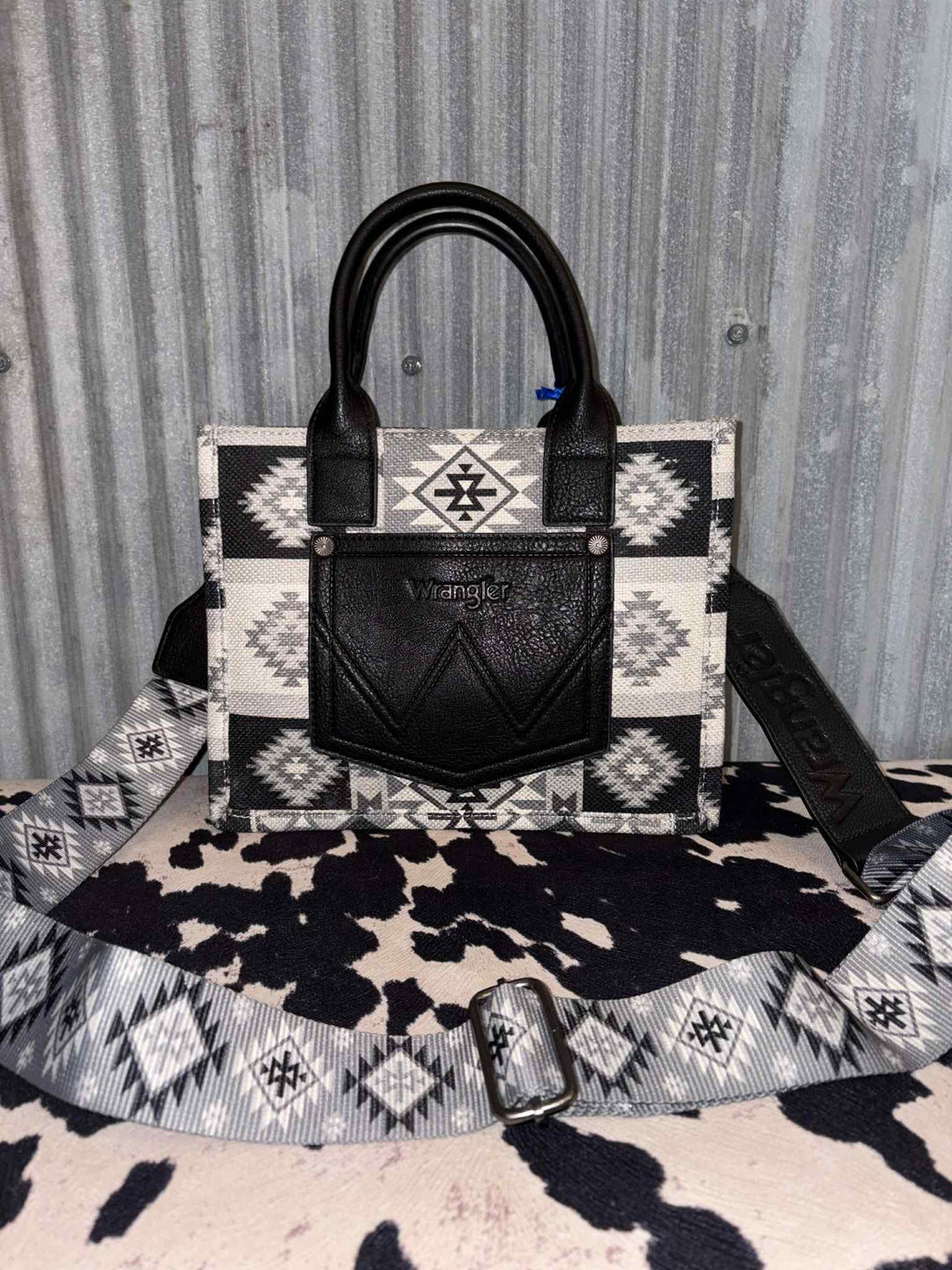 BLACK AZTEC WRANGLER CANVAS CROSSBODY TOTE