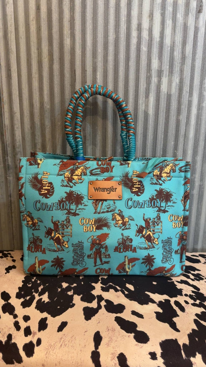 TURQUOISE COWBOY WRANGLER OVERSIZED TOTE BAG BRAIDED HANDLES WEEKENDER BAG