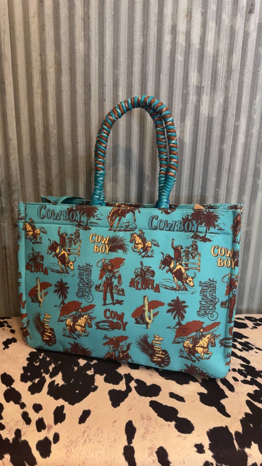 TURQUOISE COWBOY WRANGLER OVERSIZED TOTE BAG BRAIDED HANDLES WEEKENDER BAG
