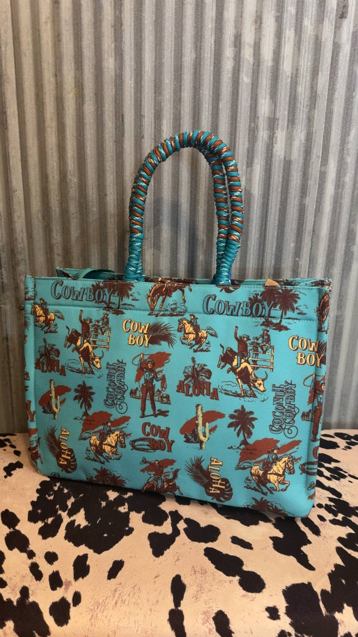 TURQUOISE COWBOY WRANGLER OVERSIZED TOTE BAG BRAIDED HANDLES WEEKENDER BAG