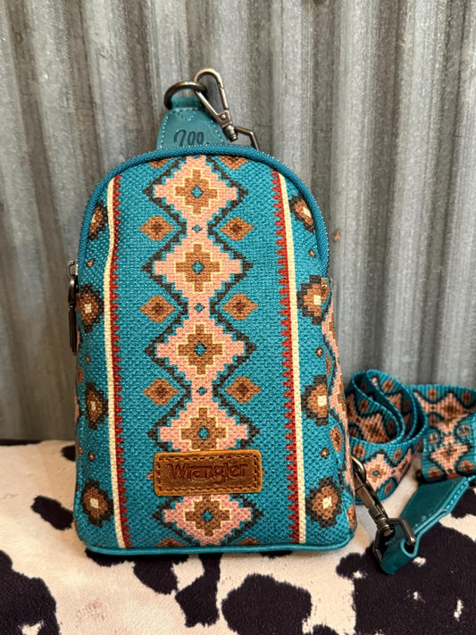 DARK TURQUOISE WRANGLER AZTEC CROSSBODY CHEST BAG