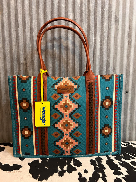 Dark Turquoise Wrangler Southwestern Pattern Dual Sided Print Canvas Wide Tote