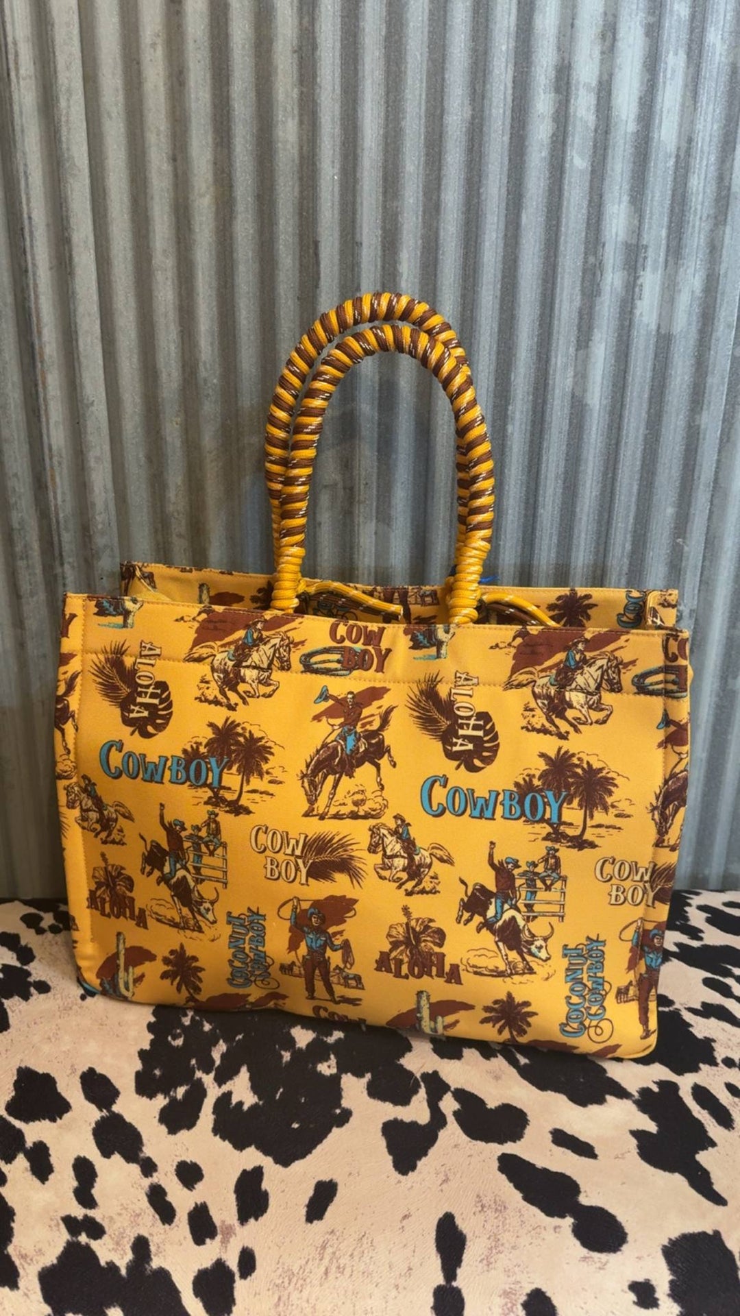 YELLOW COWBOY WRANGLER OVERSIZED TOTE BAG BRAIDED HANDLES WEEKENDER BAG