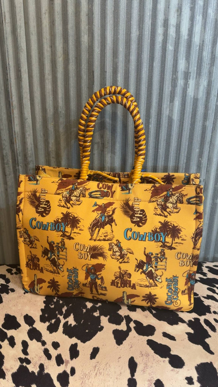YELLOW COWBOY WRANGLER OVERSIZED TOTE BAG BRAIDED HANDLES WEEKENDER BAG