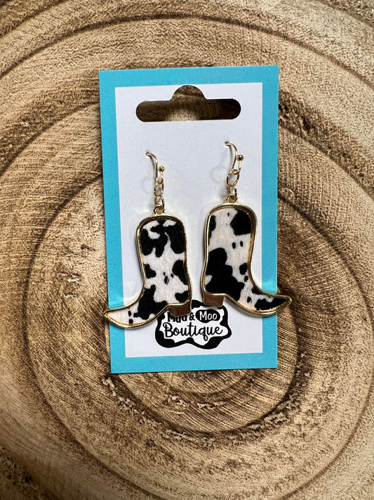 COW PRINT DANGLE BOOT EARRINGS