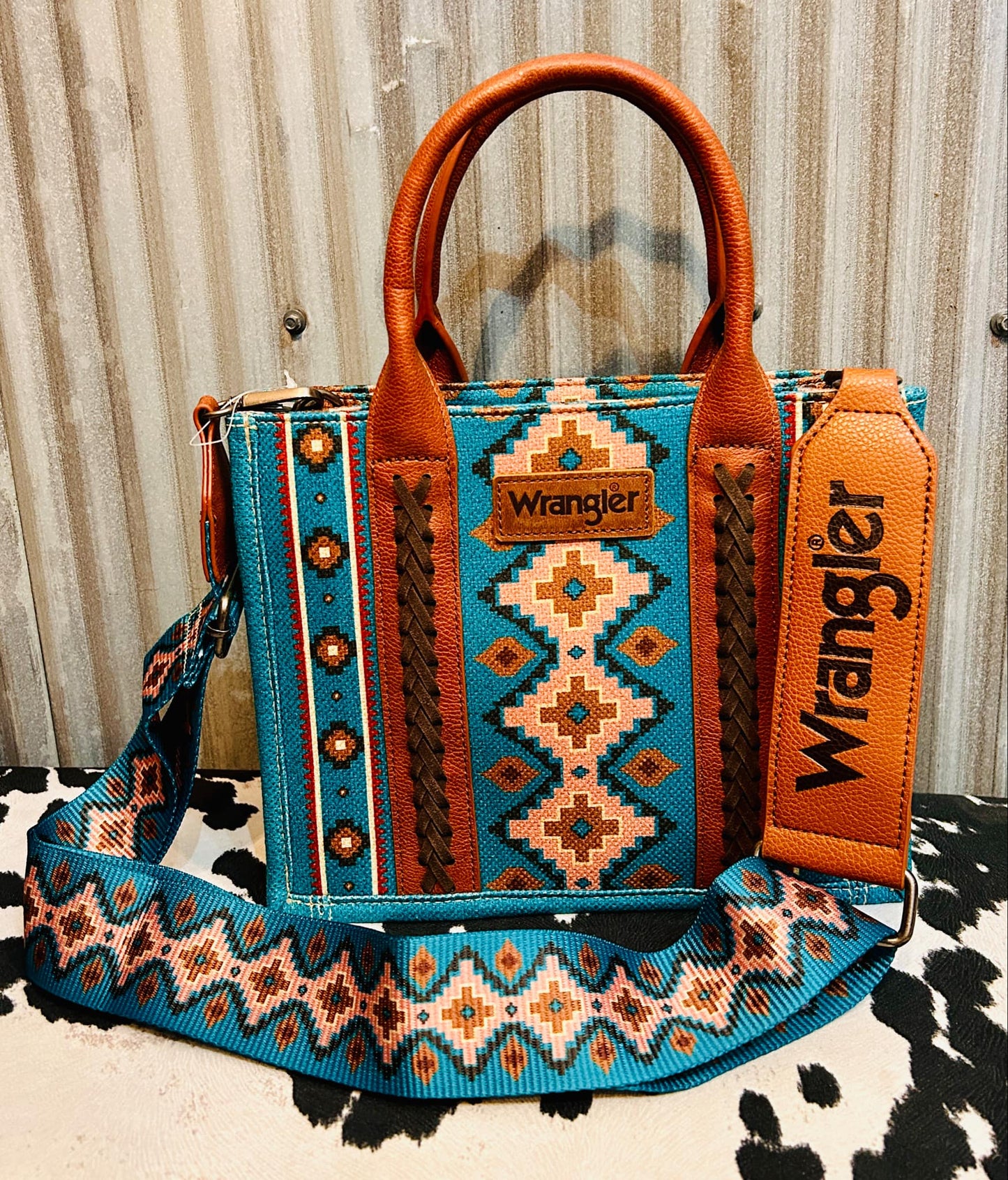 DARK TURQUOISE WRANGLER SOUTHWESTERN CANVAS CROSSBODY TOTE