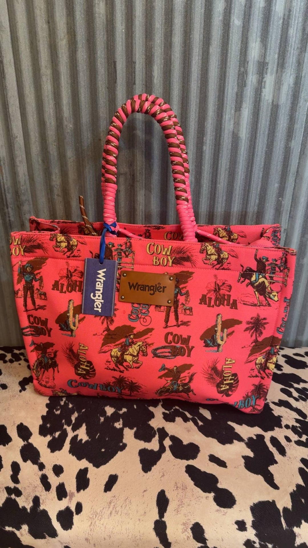 HOT PINK COWBOY WRANGLER OVERSIZED TOTE BAG BRAIDED HANDLES WEEKENDER BAG