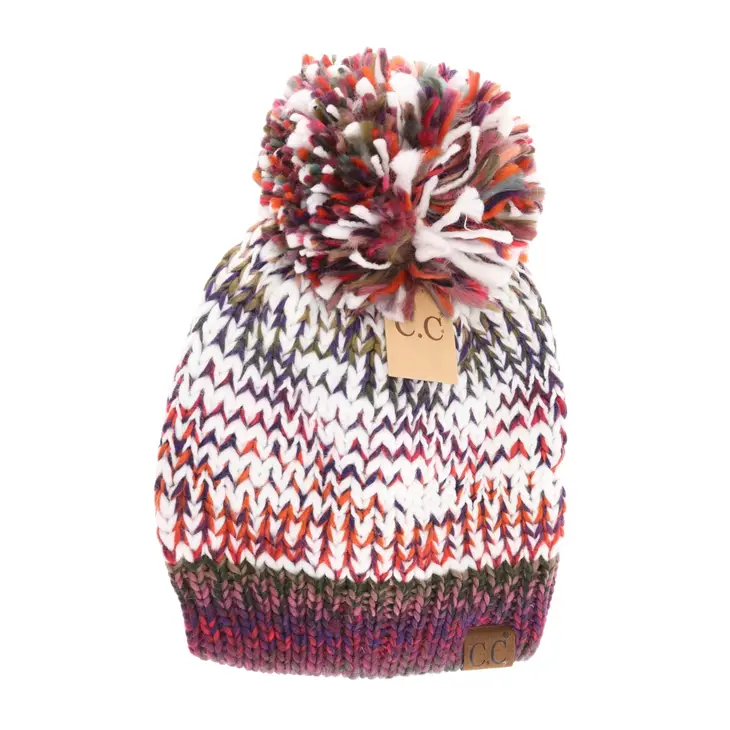 FUZZY LINED MULTICOLORED C.C YARN POM BEANIE