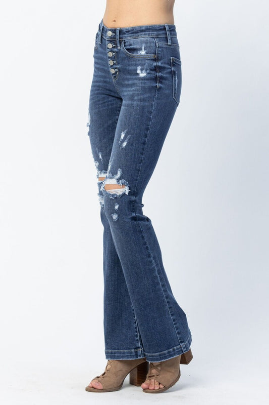 JUDY BLUE MID RISE BUTTON FLY TROUSER FLARE JEANS