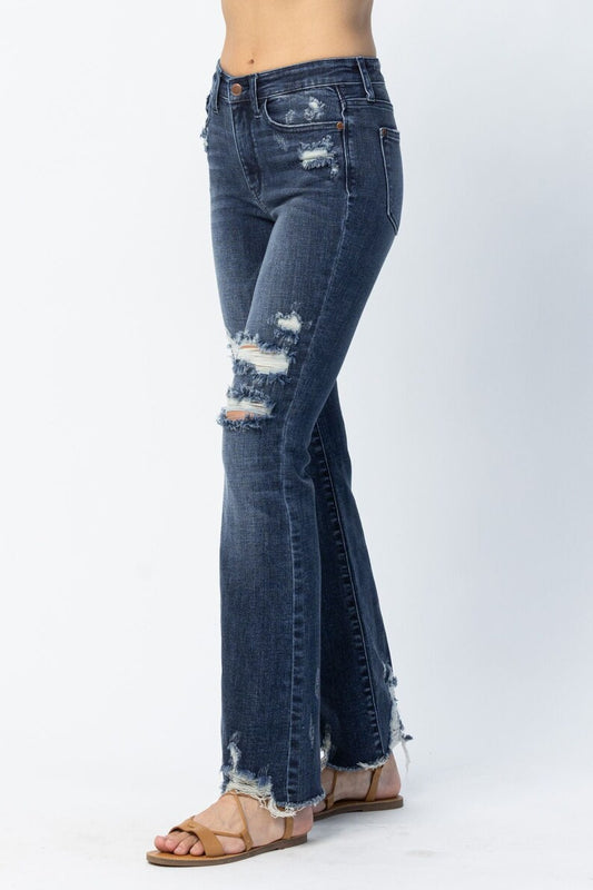 JUDY BLUE MID RISE CONTRAST DESTRYOED SLIM BOOTCUT JEANS