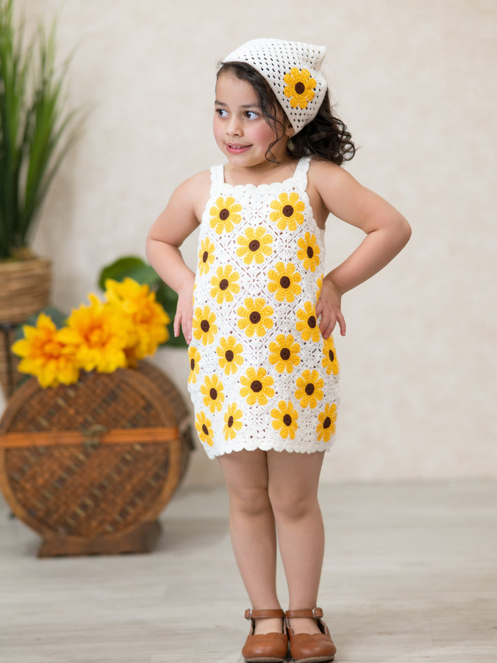 Summer Crochet Sunflower Girl Dress with Headscarf