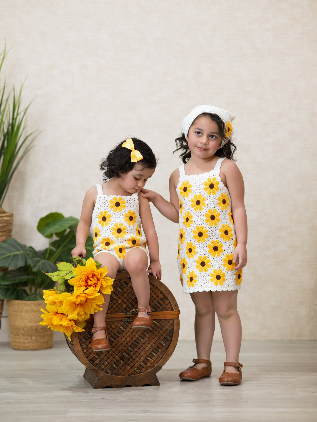 Summer Crochet Sunflower Girl Dress with Headscarf