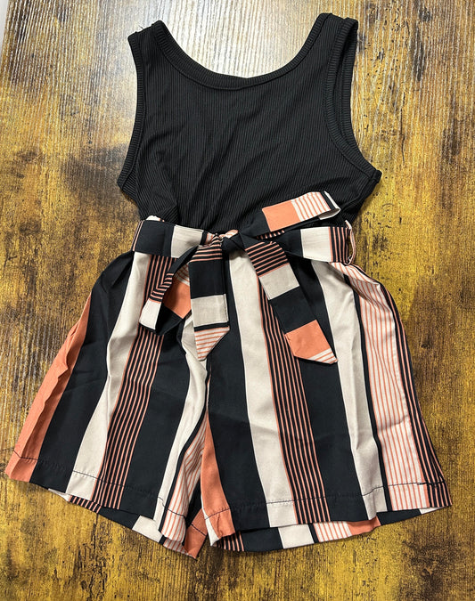 BLACK AND STRIPED BELTED ROMPER