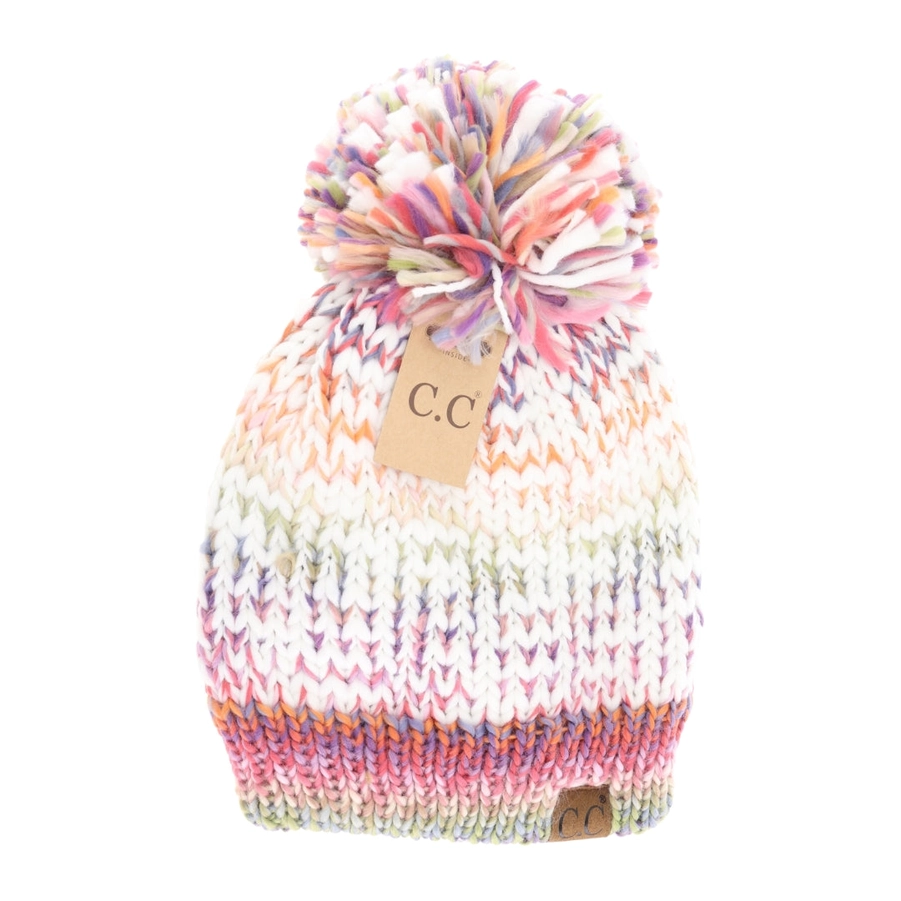 FUZZY LINED MULTICOLORED C.C YARN POM BEANIE